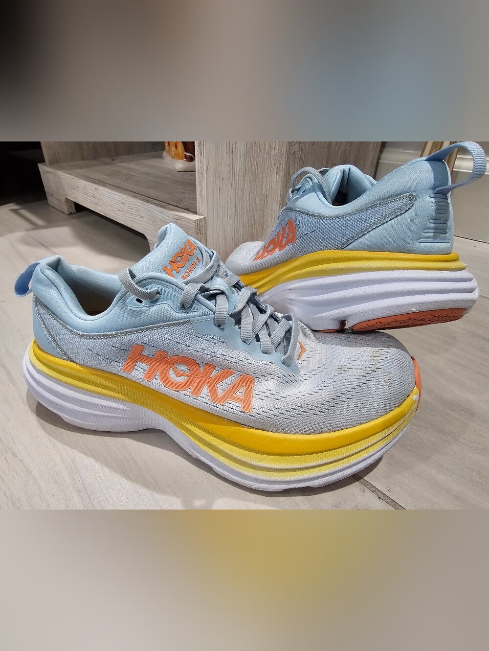 Hoka Bondi 8 Women's Light Blue Orange Running Sneakers Size 6.5 Wide